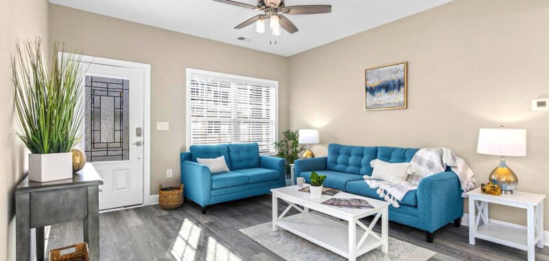 Living Room Design With Bright Blues and Serene Neutrals