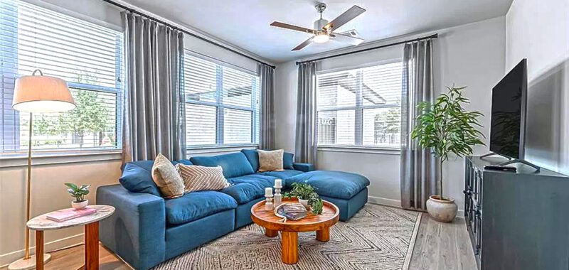 Modern Living Room With Luxurious Deep-Blue Sofa