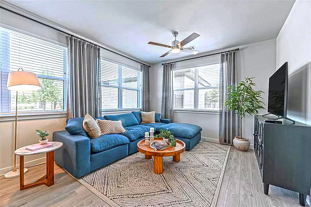 Modern Living Room With Luxurious Deep-Blue Sofa