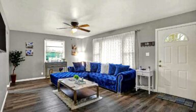 Small Living Room Design with Royal Blue Couch