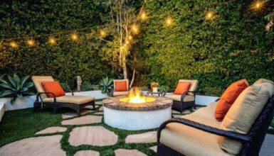 Chic Patio With Round Fire Pit And String Lighting