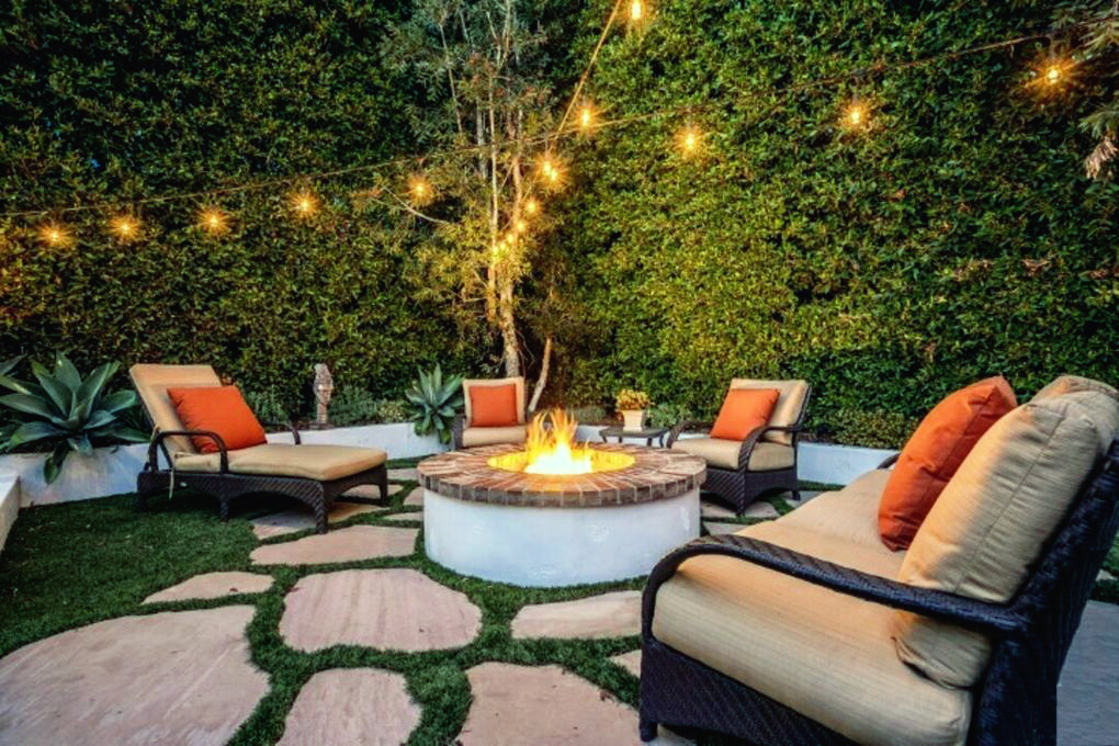 Chic Patio With Round Fire Pit And String Lighting 