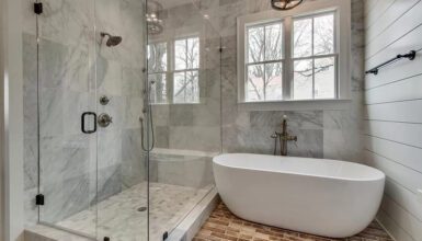 Bathroom with Freestanding Tub Next to Shower and Rustic Elements