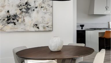 Dining Room with White Chairs and Round Table