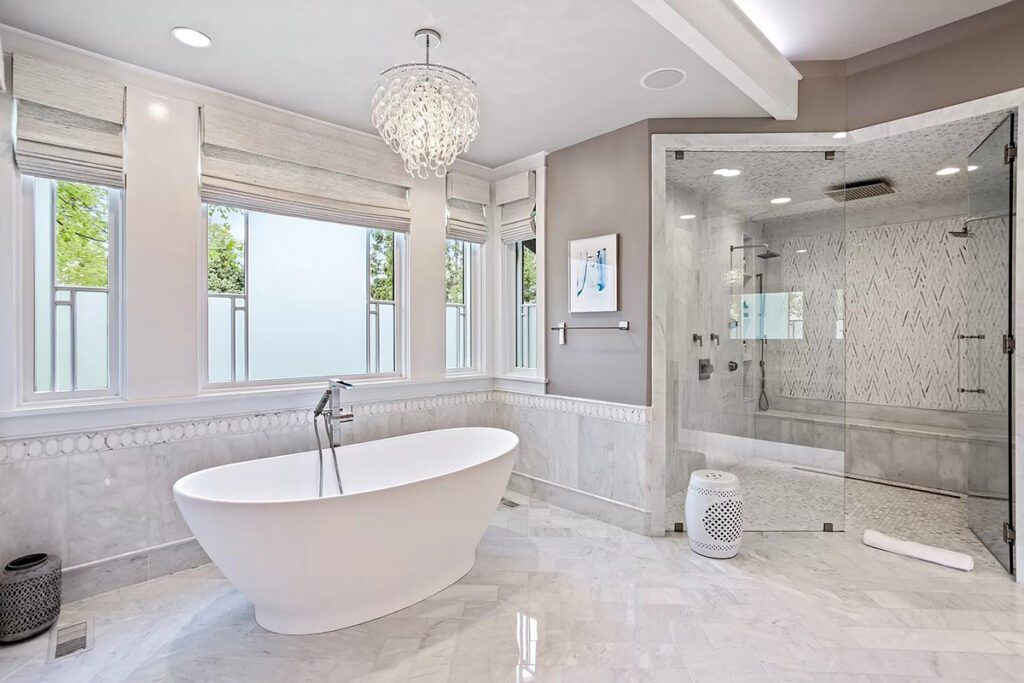Elegant Luxury Bathroom With Freestanding Tub And Shower
