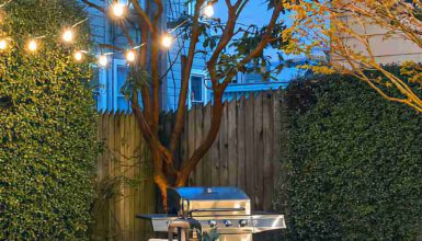 Patio Design with Dining Set and String Lights