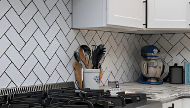 White Herringbone Kitchen Backsplash Tiles With Gray Grout