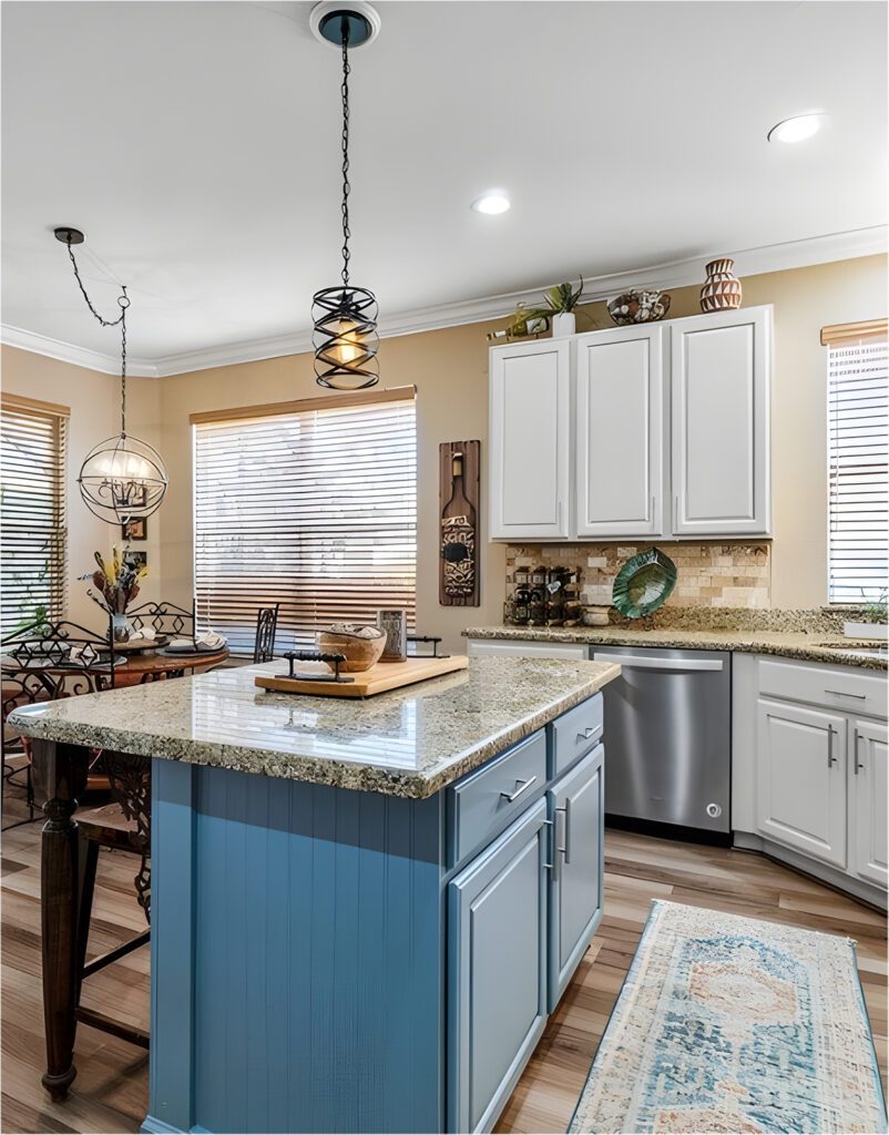 Blue Kitchen Island with Marble Top