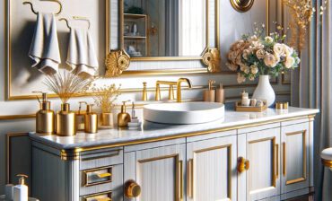 Gray Bathroom Vanity With Gold Hardware