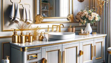 Gray Bathroom Vanity With Gold Hardware