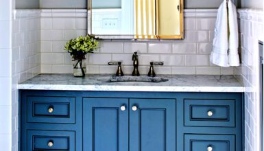 Navy Blue Bathroom Vanity with Gold Hardware