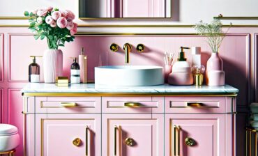 Pink Bathroom Vanity with Gold Hardware