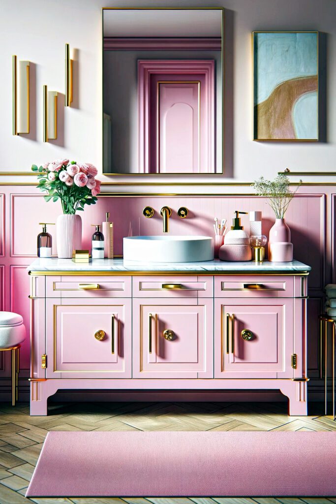 Pink Bathroom Vanity with Gold Hardware